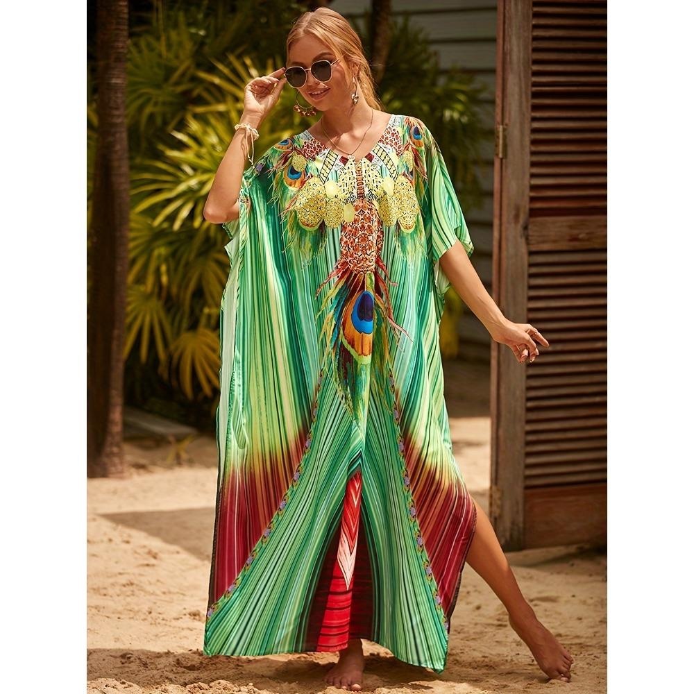 FREE SIZE Peacock Feather Green Red Kaftan Dress